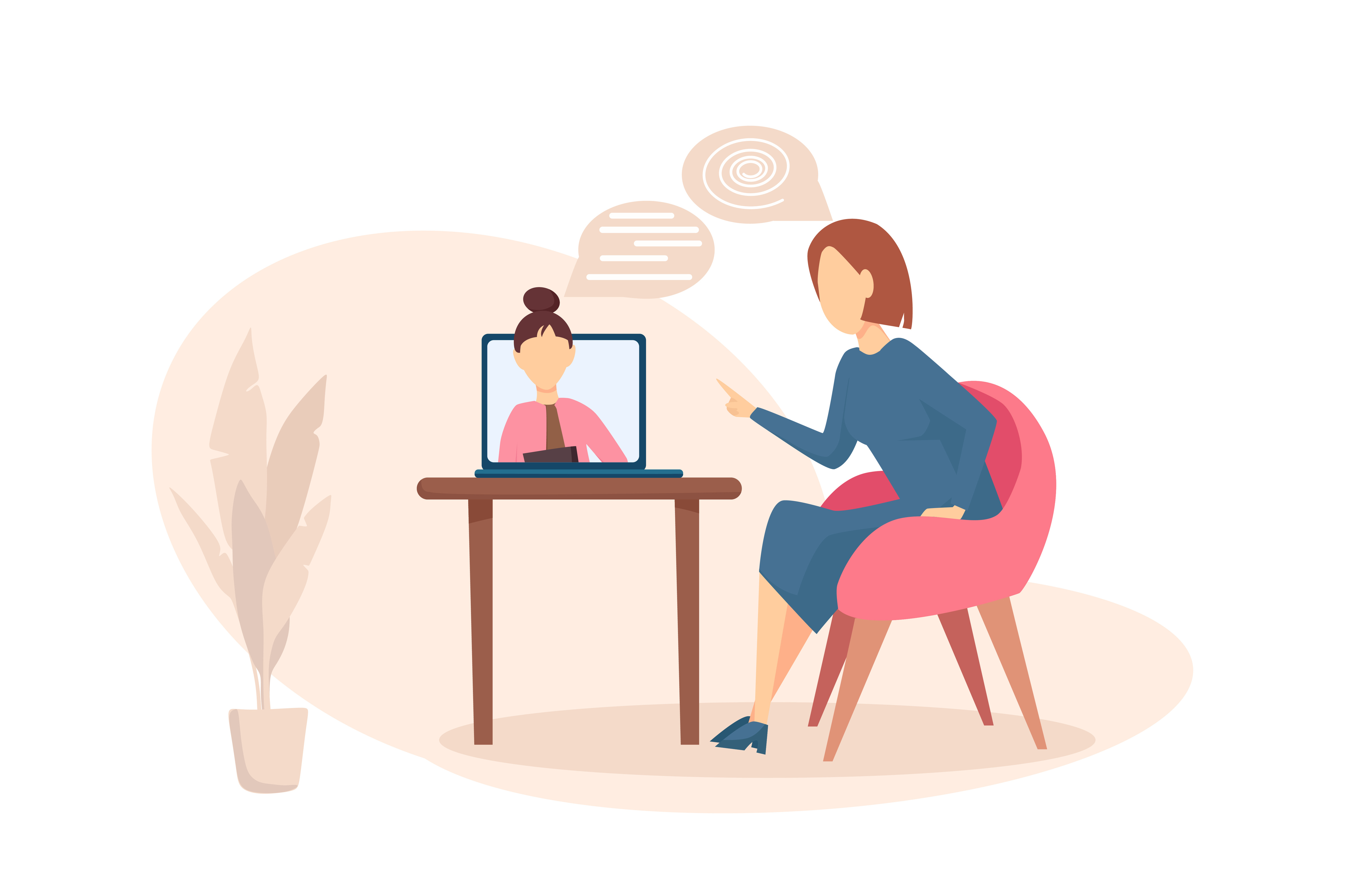 Vector illustration of online psychological help service. Girl communicates with a psychologist via a laptop